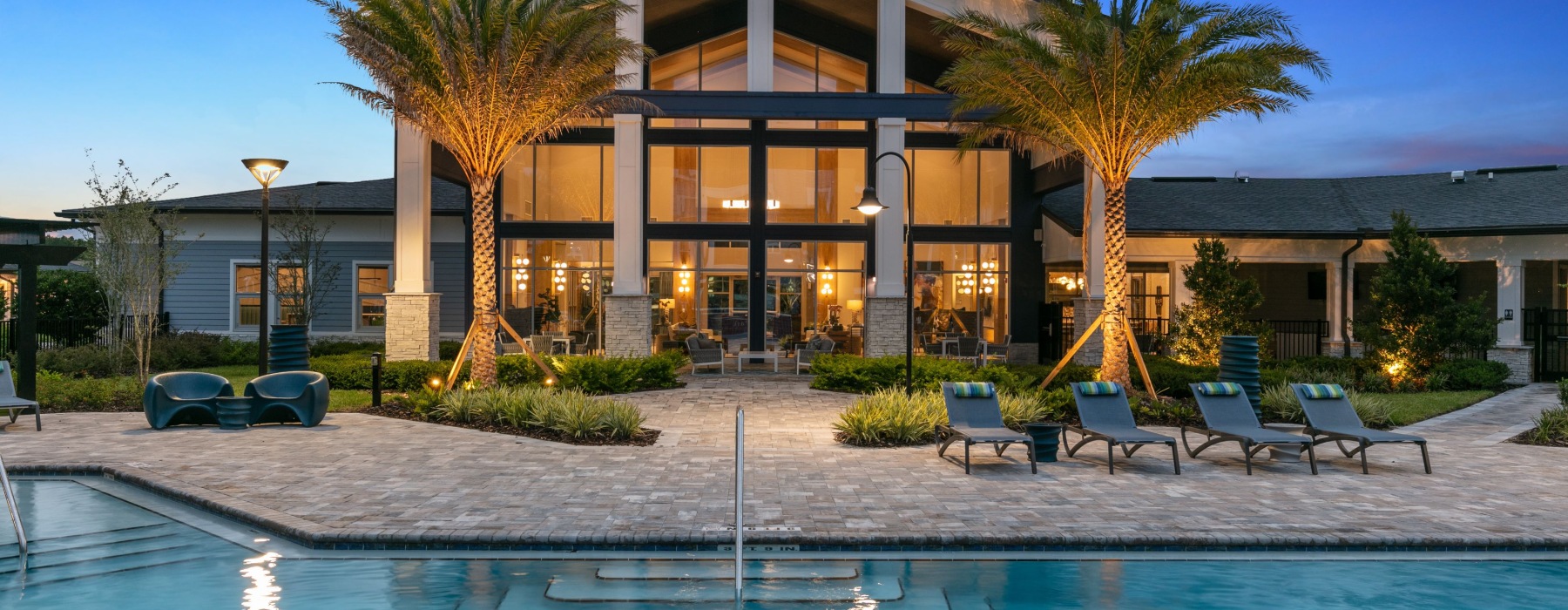 Pool Deck and Building at Dusk