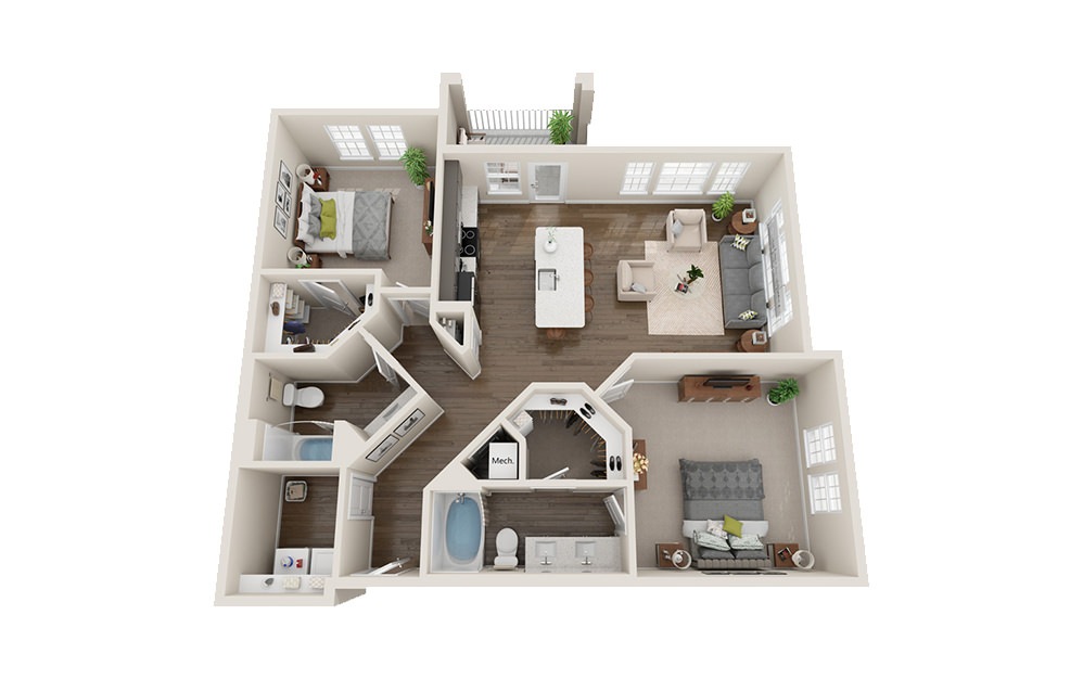 Jennings - 2 bedroom floorplan layout with 2 baths and 1252 square feet.