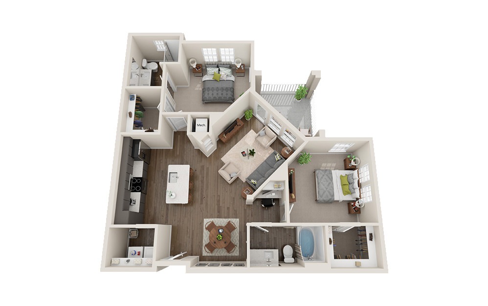 Kingsley - 2 bedroom floorplan layout with 2 baths and 1255 square feet.