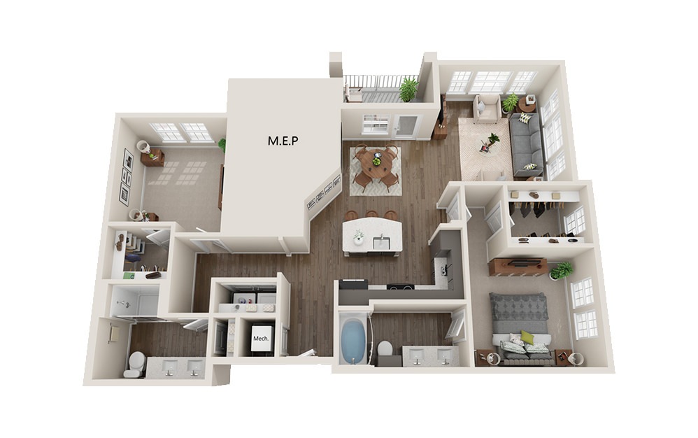 Mandarin - 2 bedroom floorplan layout with 2 baths and 1268 square feet.